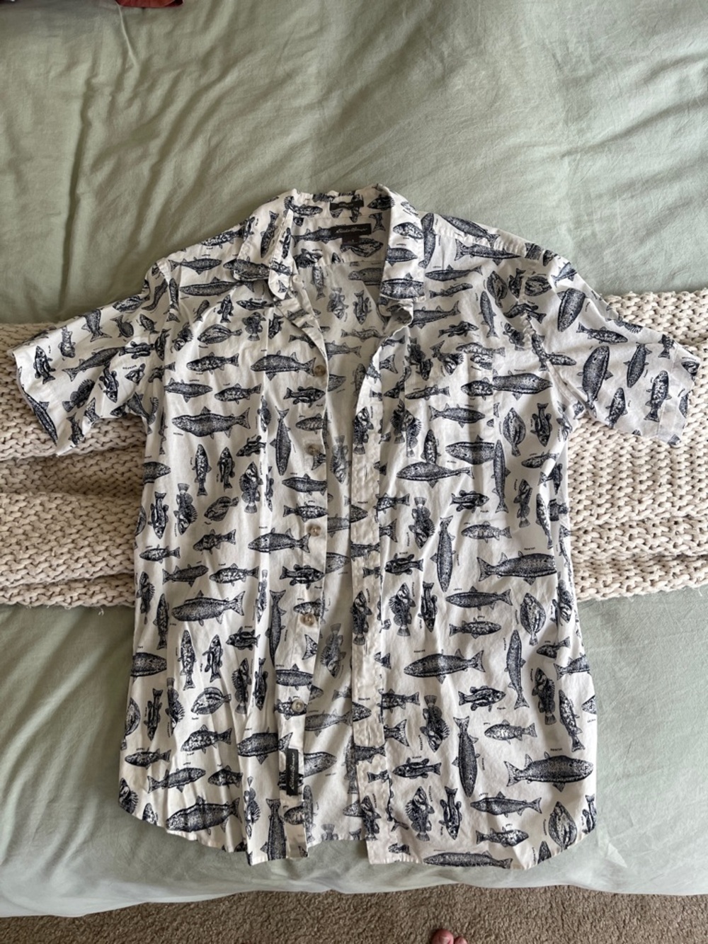 Men's White Short-Sleeve Fish Print Button-Up Shirt